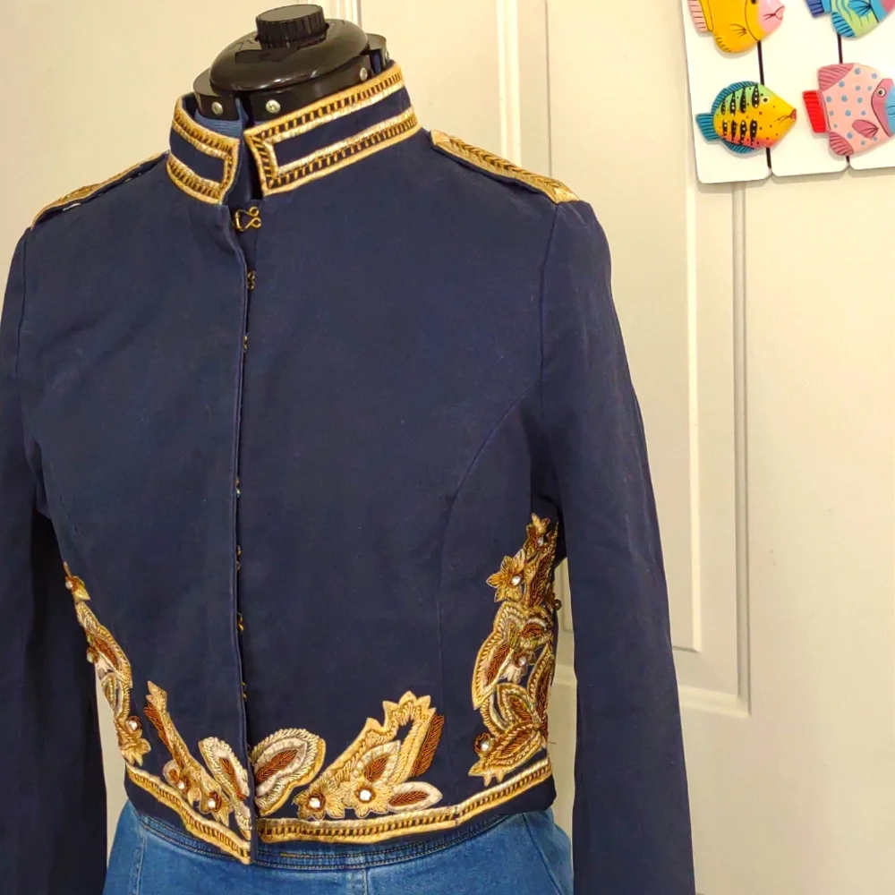 90s Cropped Hussar Jacket – Navy & Gold Statement Military Blazer - Picture 3 of 13